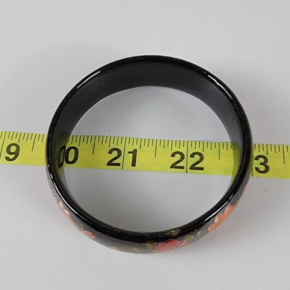 Vintage Hand Painted Russian Lacquer Bangle Bracelet Black And Red 8 In